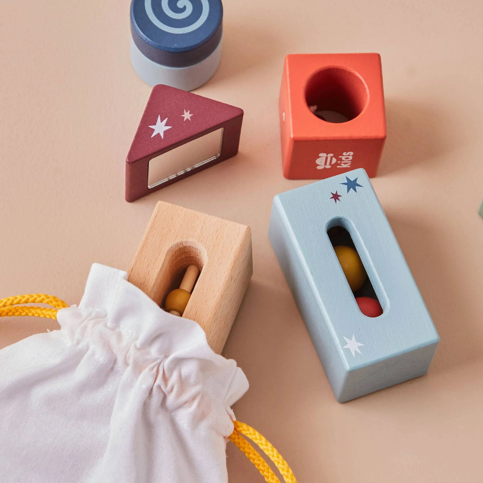 Wooden Sensory Blocks with Bag shown laid out