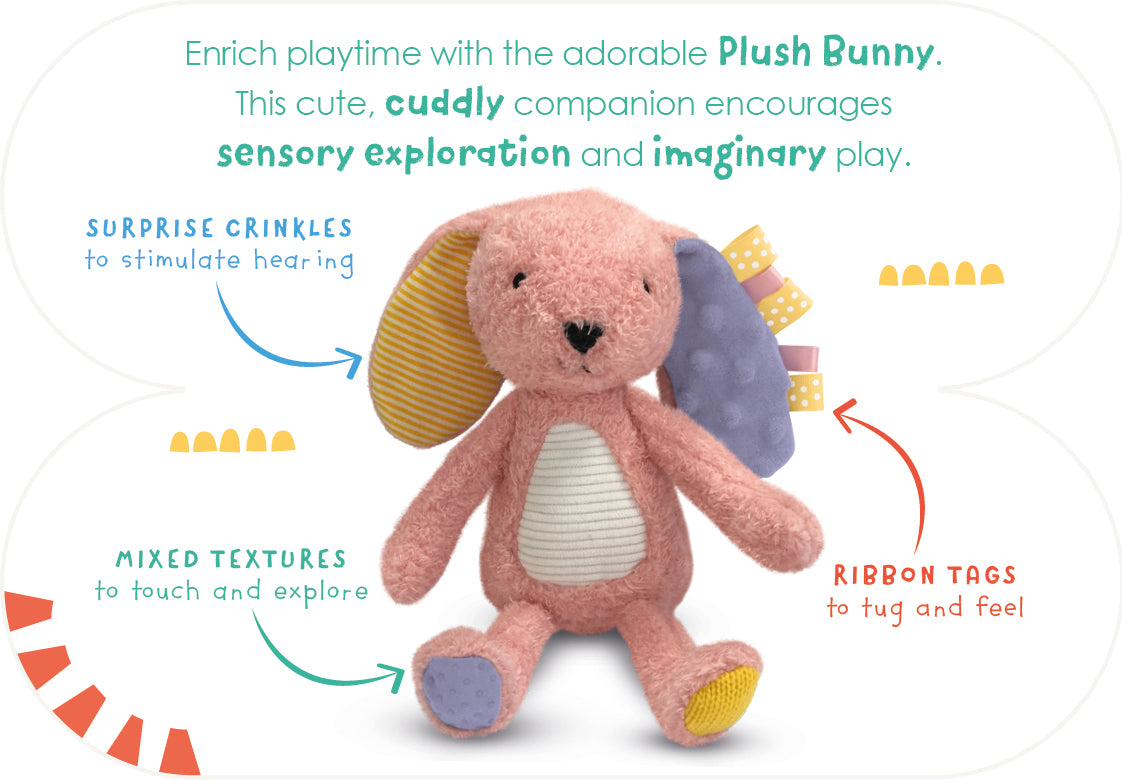Plush bunny toy with features highlighted