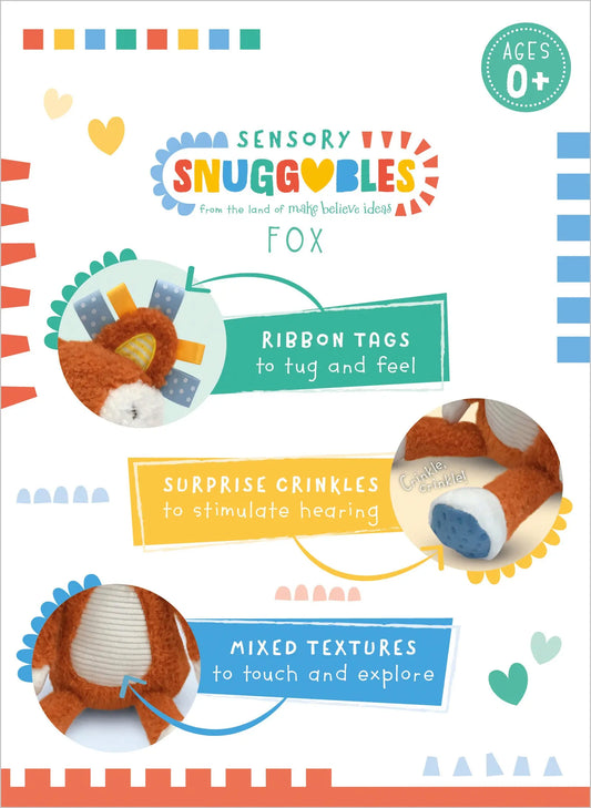 Sensory snuggable product packaging with text and images of a fox design.