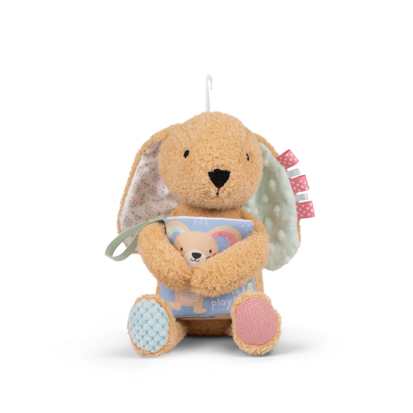 Plush toy bunny holding a book with a teddy bear