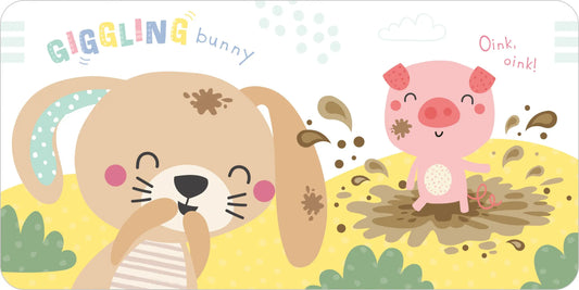 Illustration of a dog and a pig in a playful scene with text 'Giggling bunny' and 'Oink! oink!' on a light blue background.