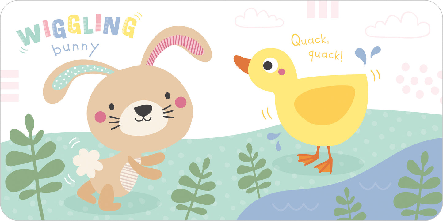 Illustration of a bunny and duck on a colorful background with text.