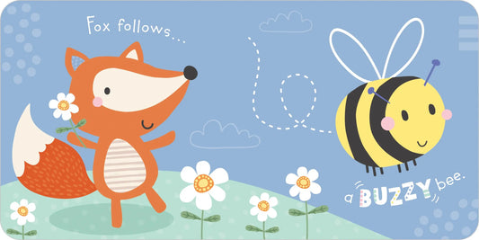 Illustration of a fox and a bee on a blue background with flowers and clouds.