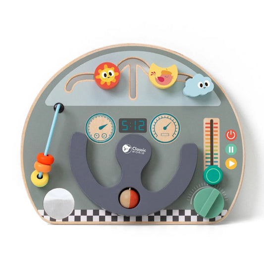 Children's travelling activity board with various educational elements