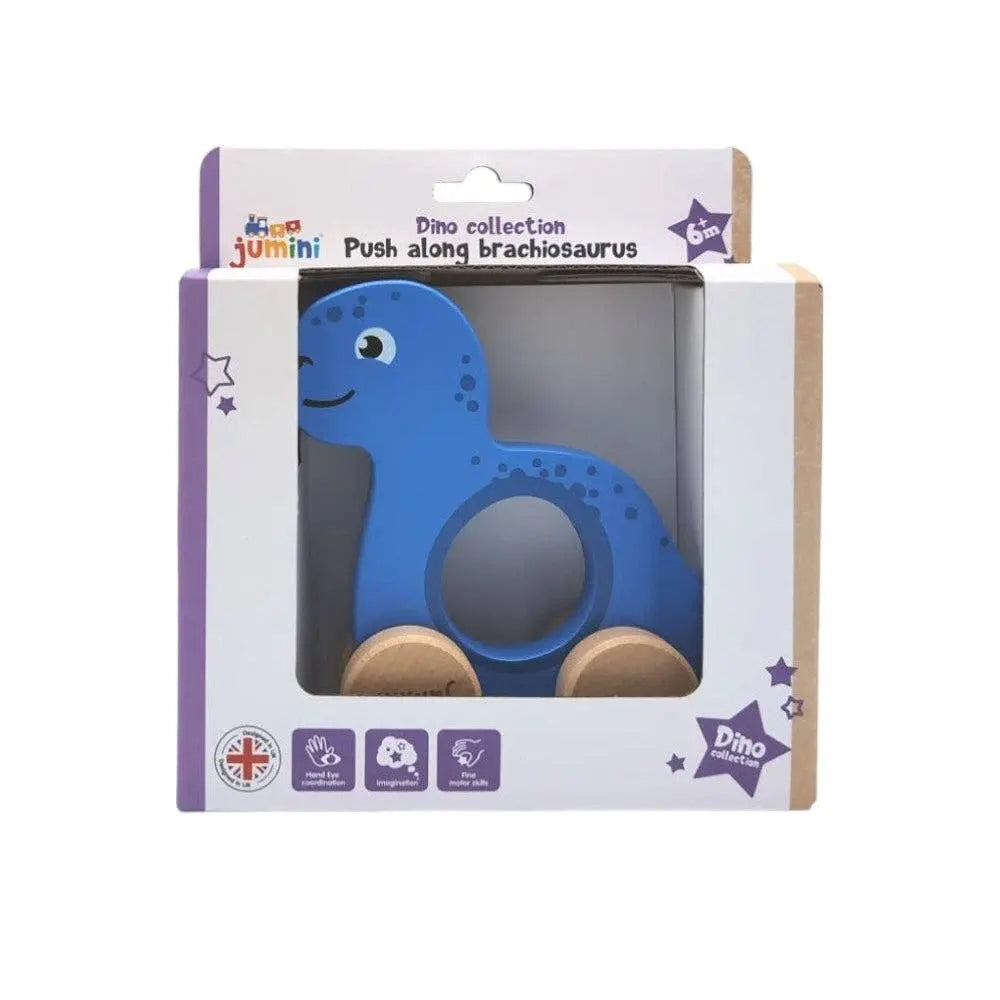 Blue dinosaur toy in packaging with 'junni' branding on a white background