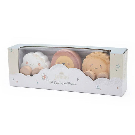 Set of three wooden toys in a box with 'jumini' branding on a white background