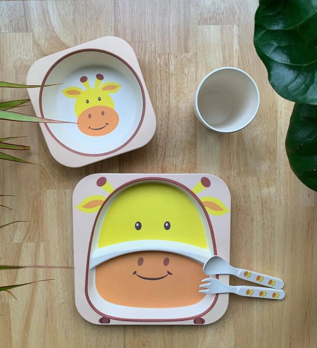 Children's 5 Piece Bamboo Dinner Set, Eco-Friendly, Dishwasher Safe (Giraffe) - For The Baby