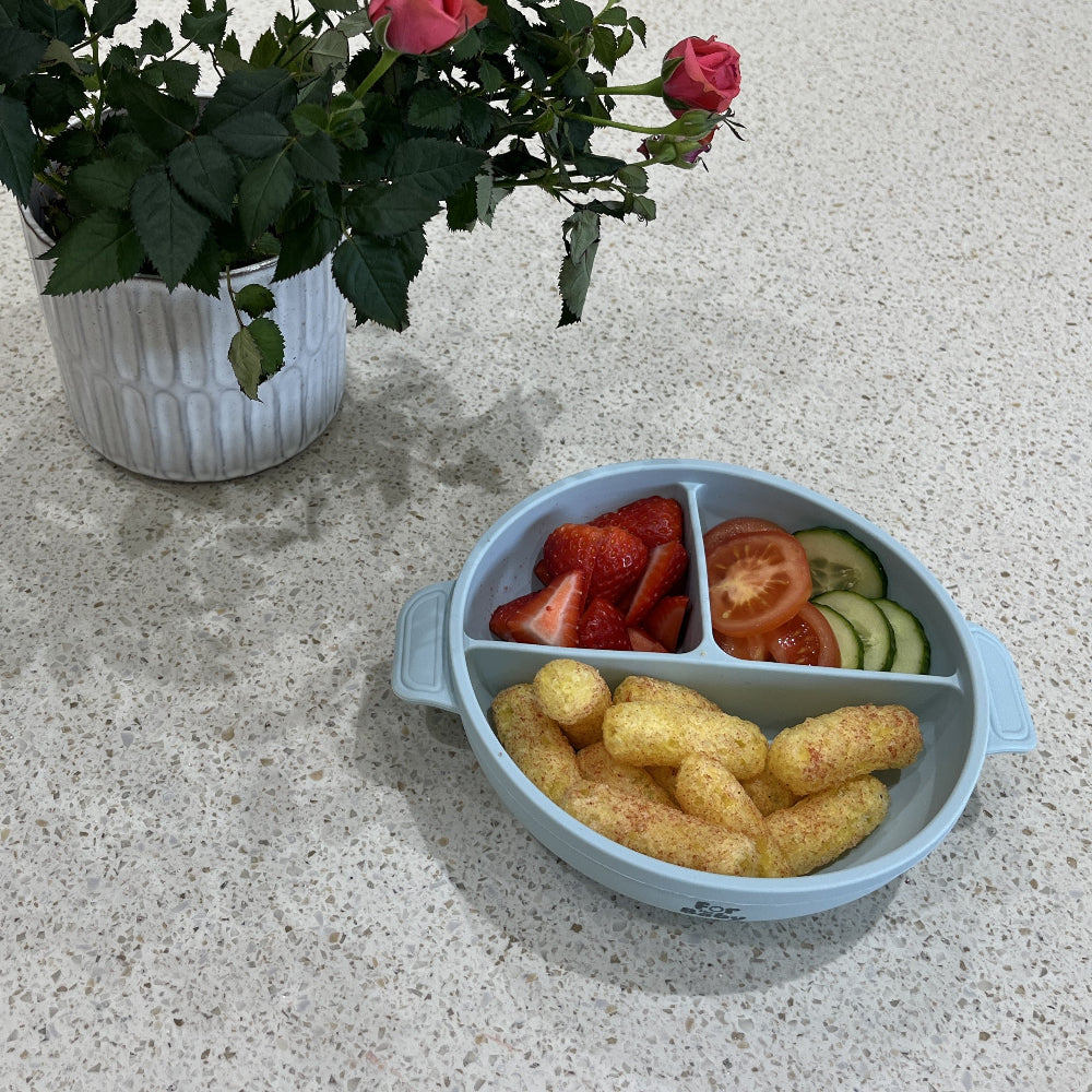 3 compartment bowl blue with food