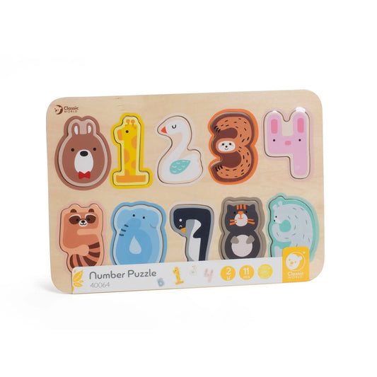 Wooden number puzzle with animal illustrations on a white background
