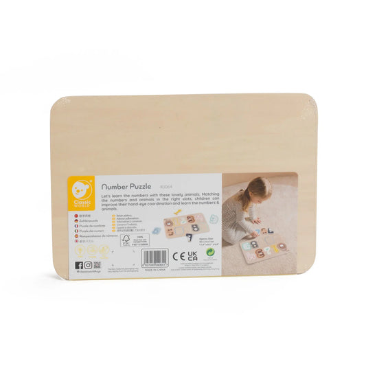 Number puzzle packaging with a child playing on a white background