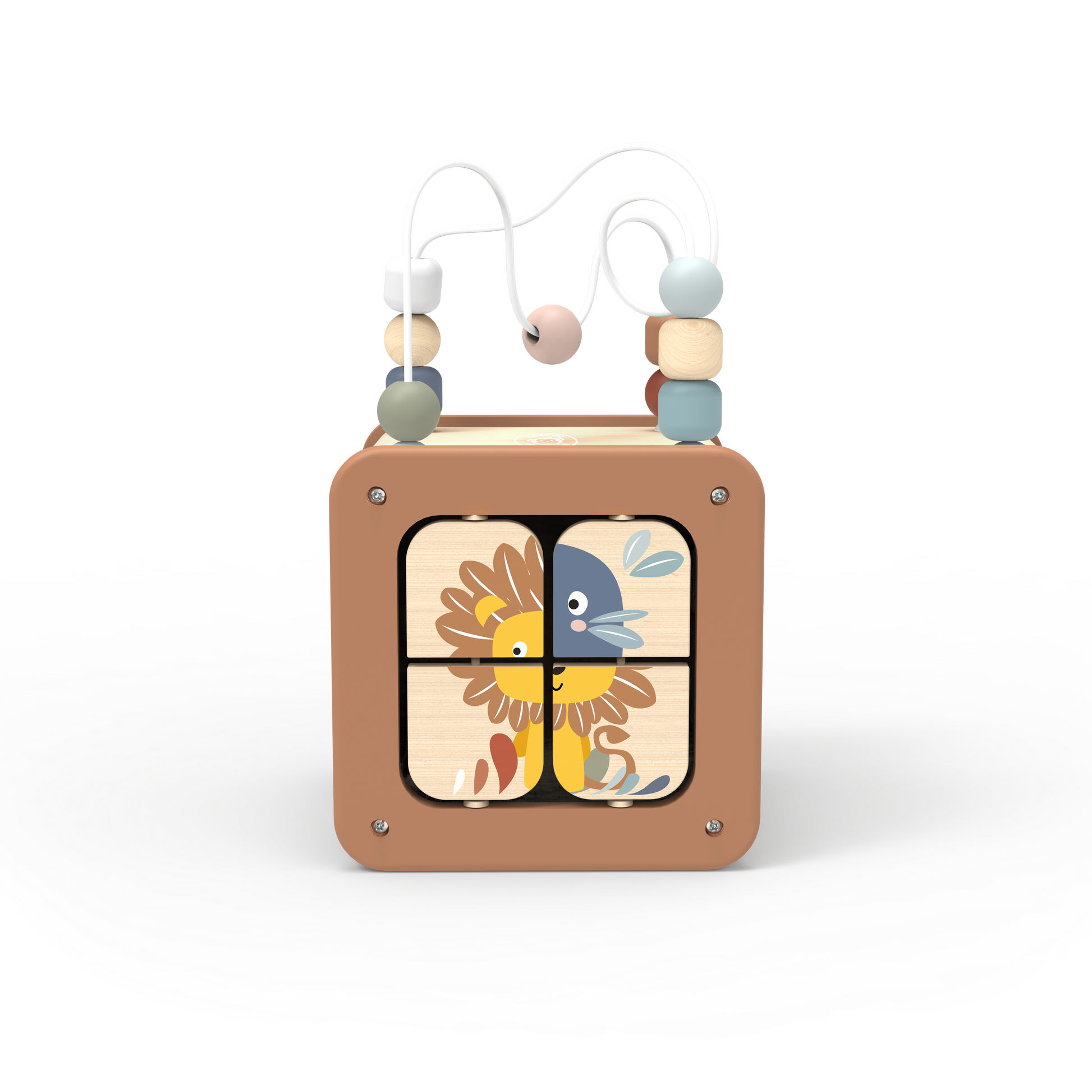 Colorful wooden activity cube that encourages exploration and learning