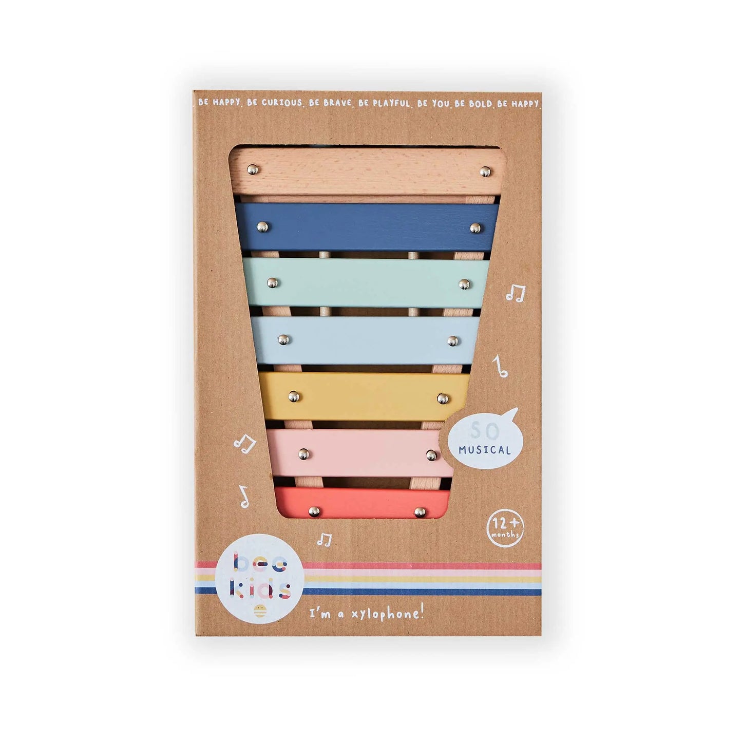 Colourful xylophone in a cardboard box with text on a white background