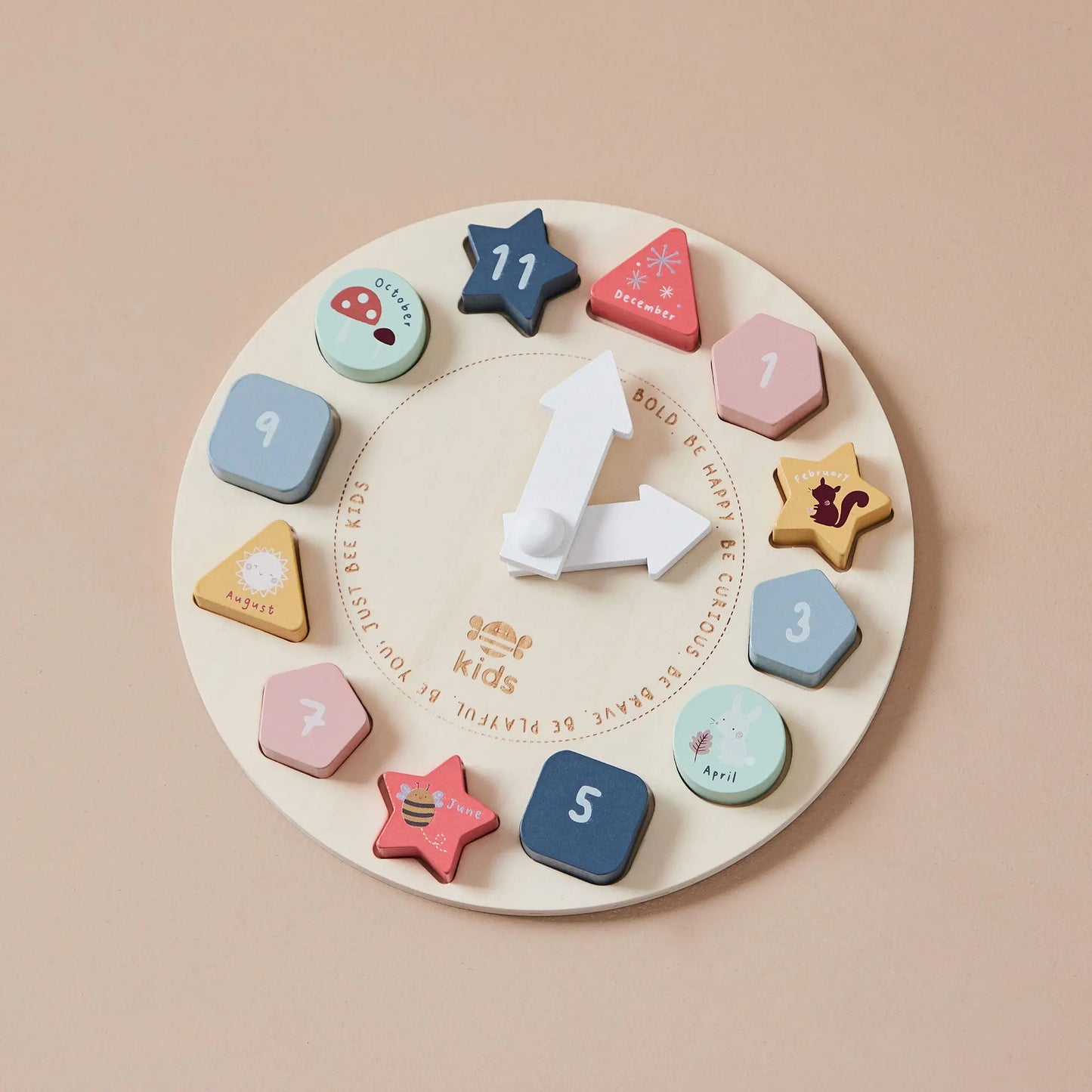 Wooden educational clock toy with colourful shapes and numbers on a beige background