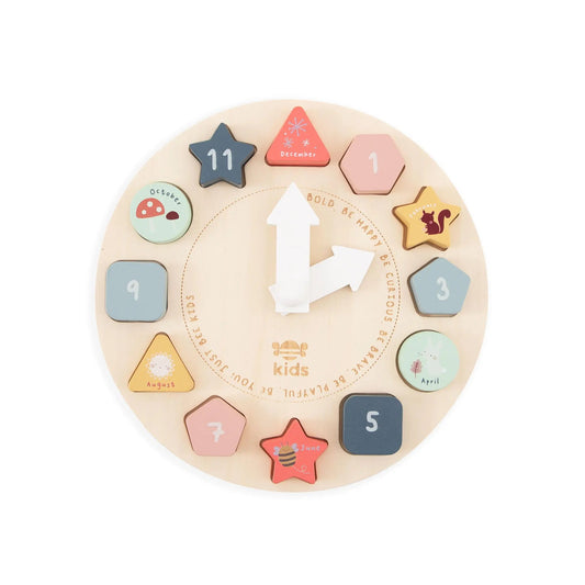 Wooden educational toy with colourful shapes and numbers on a white background