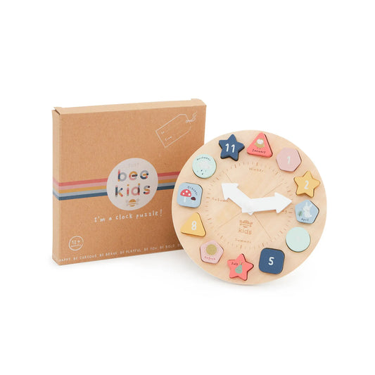 Wooden clock puzzle with colourful shapes and a matching box on a white background