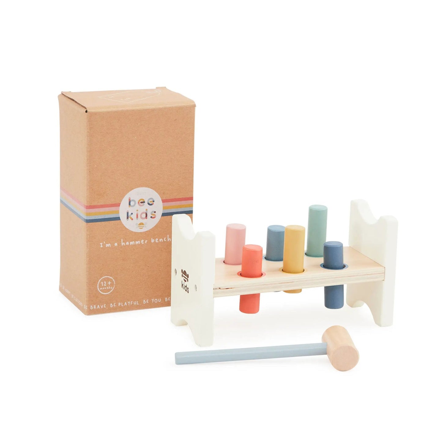 Wooden toy with colourful pegs and a mallet next to its packaging on a white background