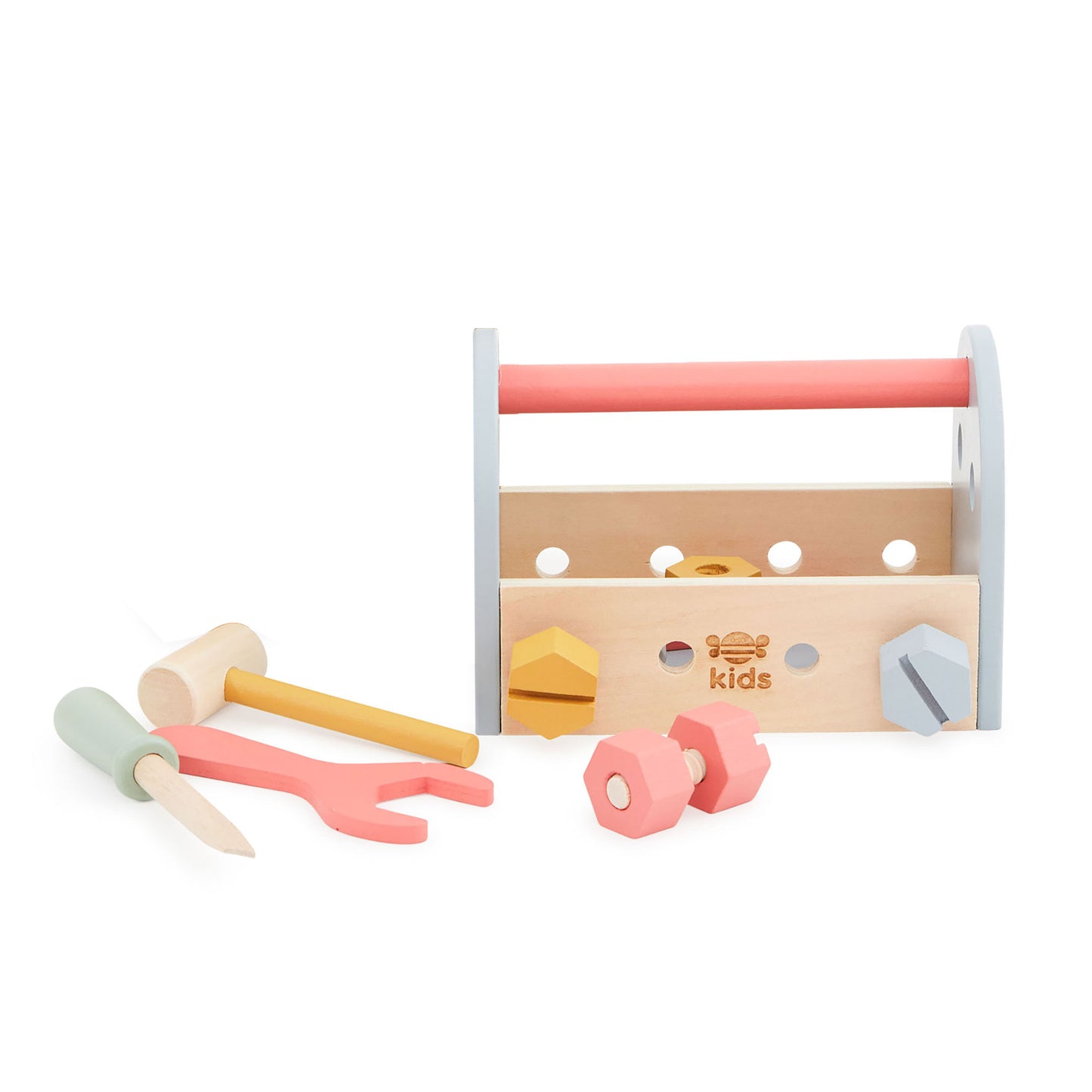 Set of colourful wooden toy tools and a toolbox on a white background
