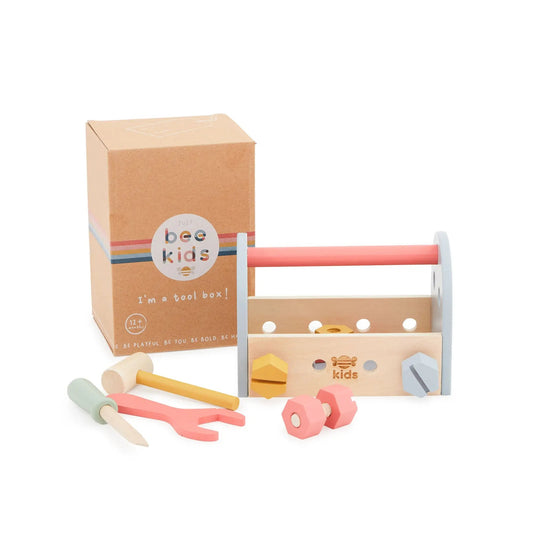 Wooden tool set with tools and toolbox, branded 'just bee kids', on a white background