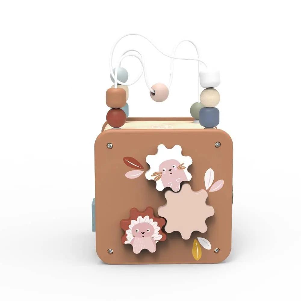Multi-sensory wooden activity cube with engaging activities for toddlers