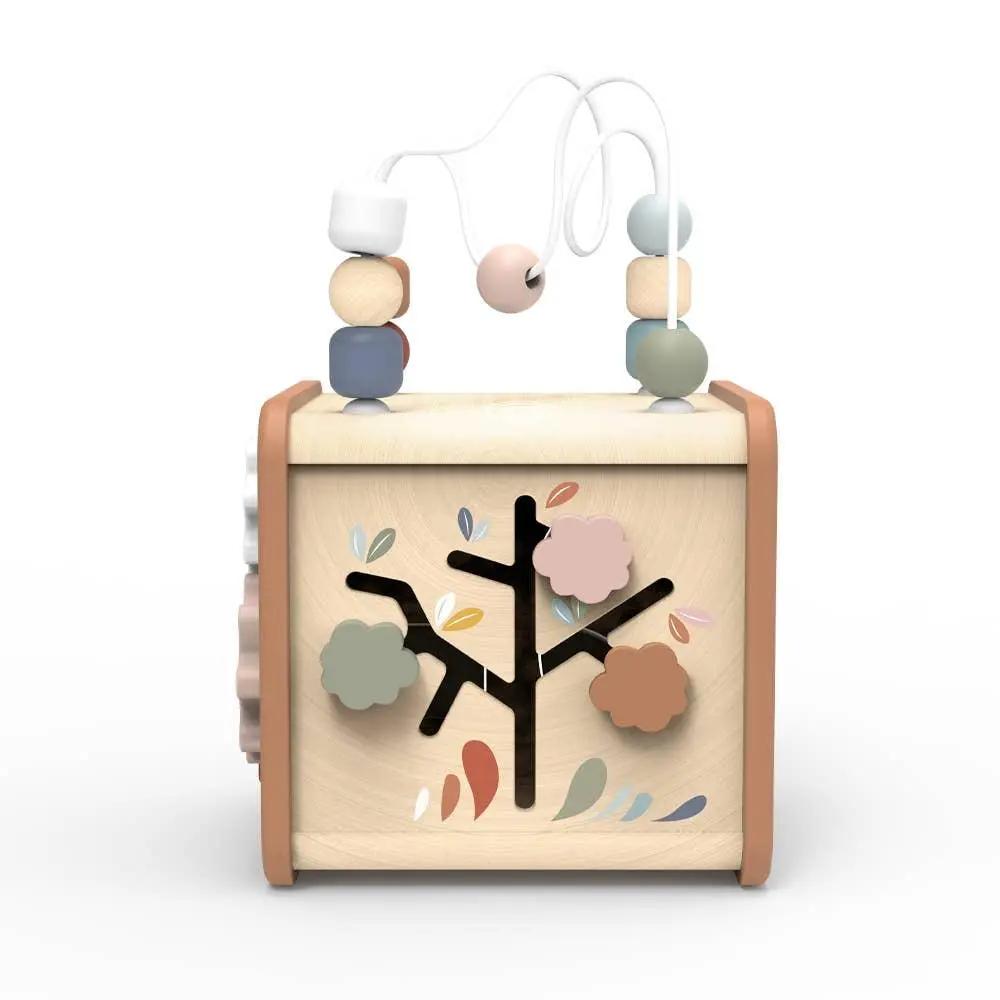 Educational wooden activity cube with bead maze, shape sorter, and more