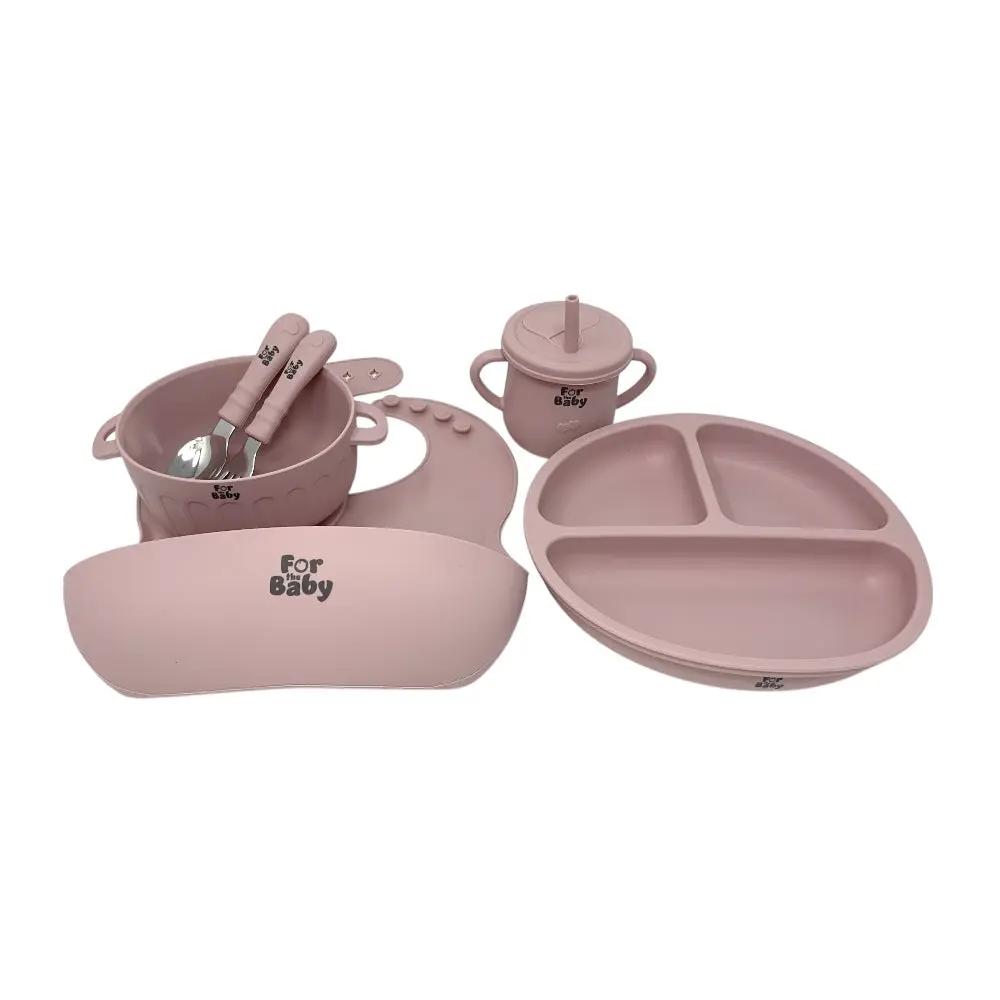 Complete 6-piece silicone baby feeding set, including a plate, bowl, sippy cup, spoon, fork, and adjustable bib.