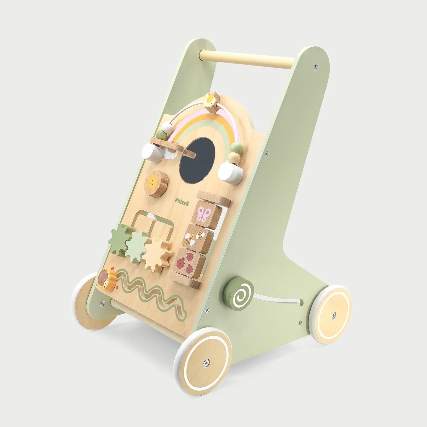 Wooden toy push cart with colourful elements on a light grey background