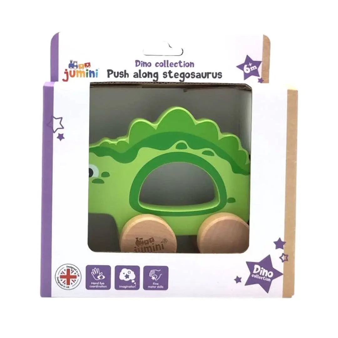 Packaging of a push along stegosaurus toy from the Jumini Dino collection on a white background.