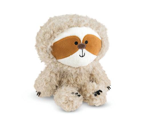 Plush sloth toy with a sleep mask on a white background