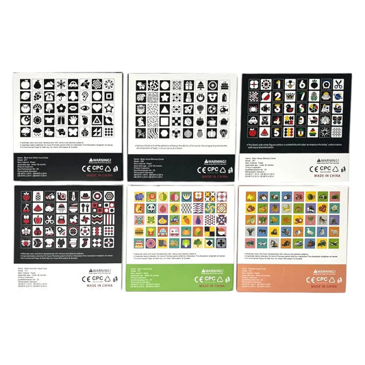 Collection of baby sensory flash card designs with various patterns and colour schemes on a white background