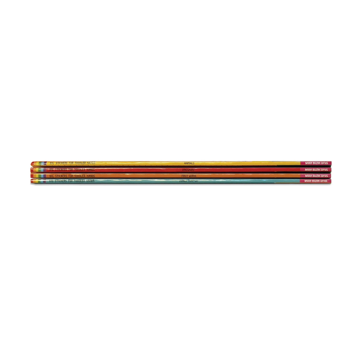 Five books in different colours (yellow, orange, red, blue, and purple) aligned horizontally on a plain white background.
