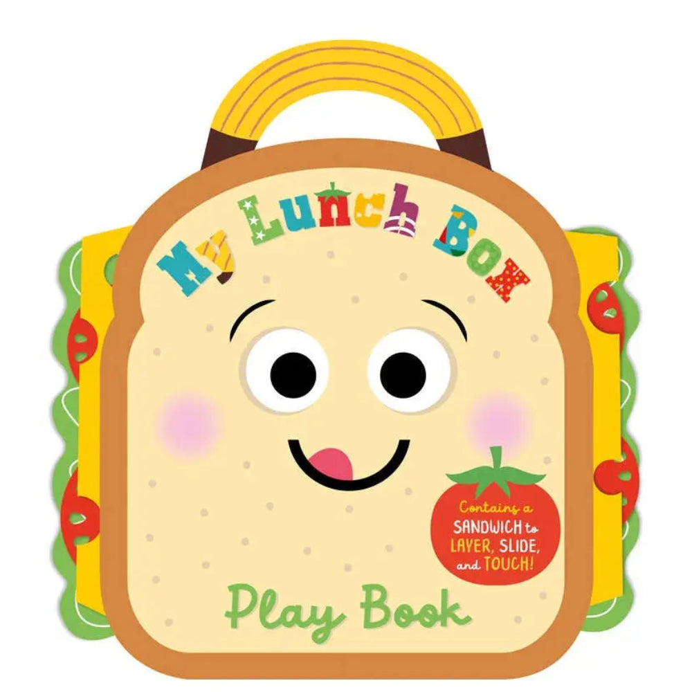 Children's play book designed like a lunch box with a smiley face and text.