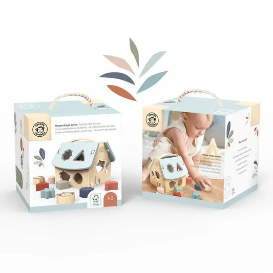 Two packaging boxes for a wooden shape sorter toy on a white background