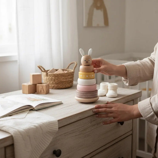 A wooden stacking toy set with a bunny figure and concentric rings, styled on a light wood dresser in a softly lit nursery. A person's hands are adjusting the toy, with baby blocks, a basket, and an open book nearby.