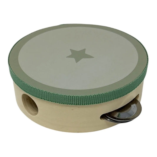 A small tambourine with a light beige wooden body, a green textured trim, and a light grey drum head featuring a star cut-out, shown on a white background.