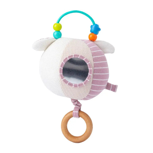 Baby toy with colourful beads and a wooden ring on a white background