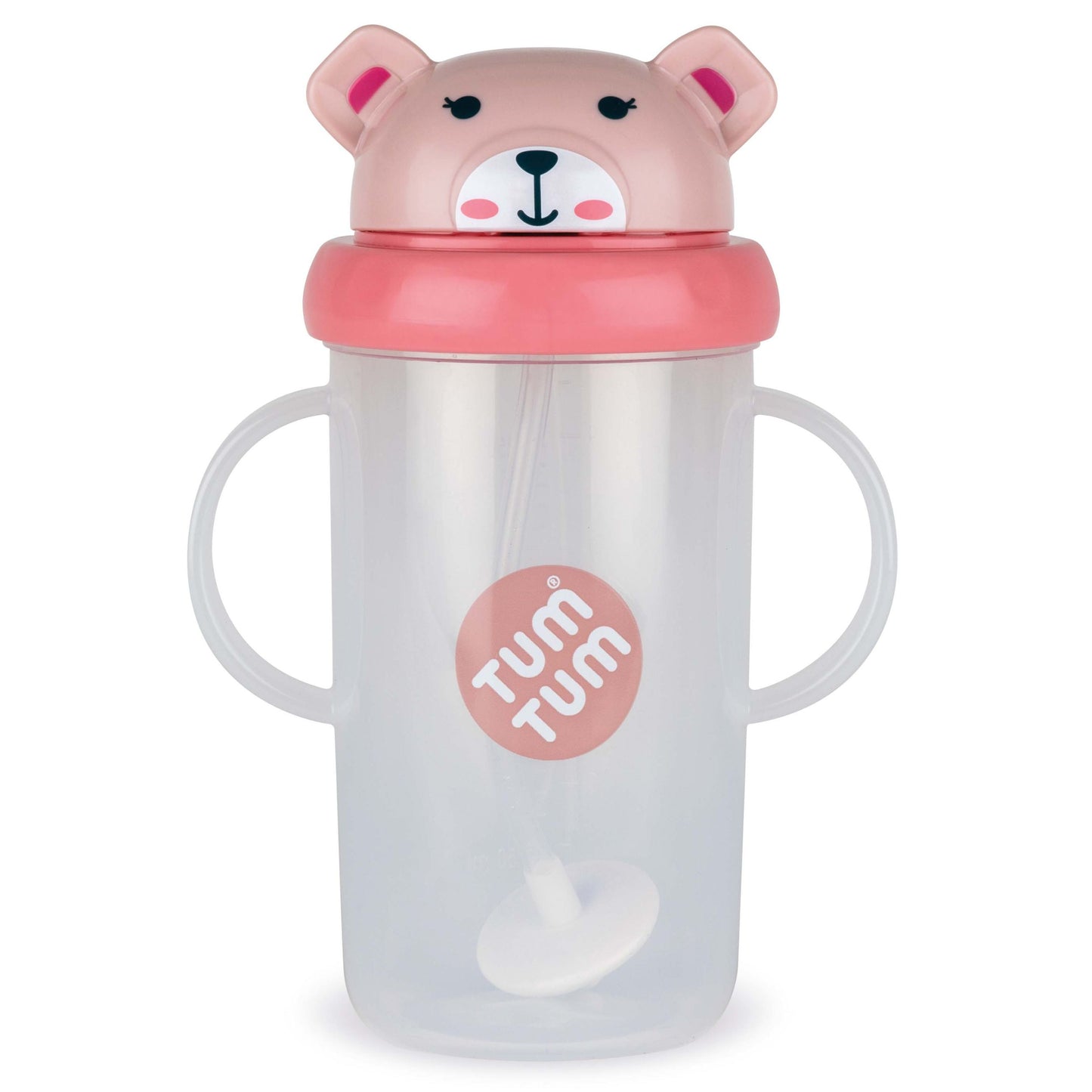 Children's sippy cup with bear design and 'tum tum' branding