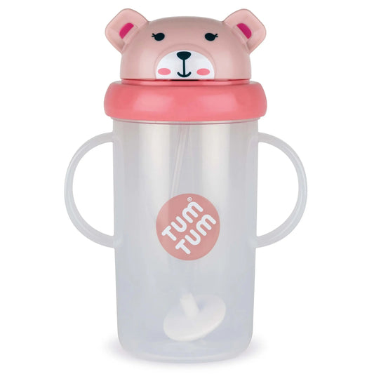 Children's sippy cup with bear design and 'tum tum' branding