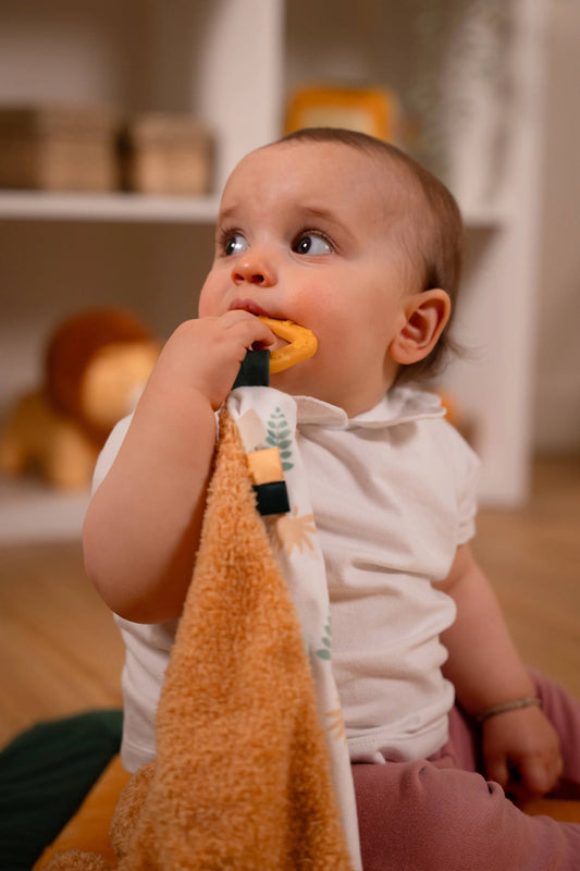 A baby wearing a white short-sleeve top and pink pants sits indoors while biting a yellow teething toy attached to a patterned cloth. The baby is holding a plush orange towel in the foreground, with a softly blurred room and shelves in the background.