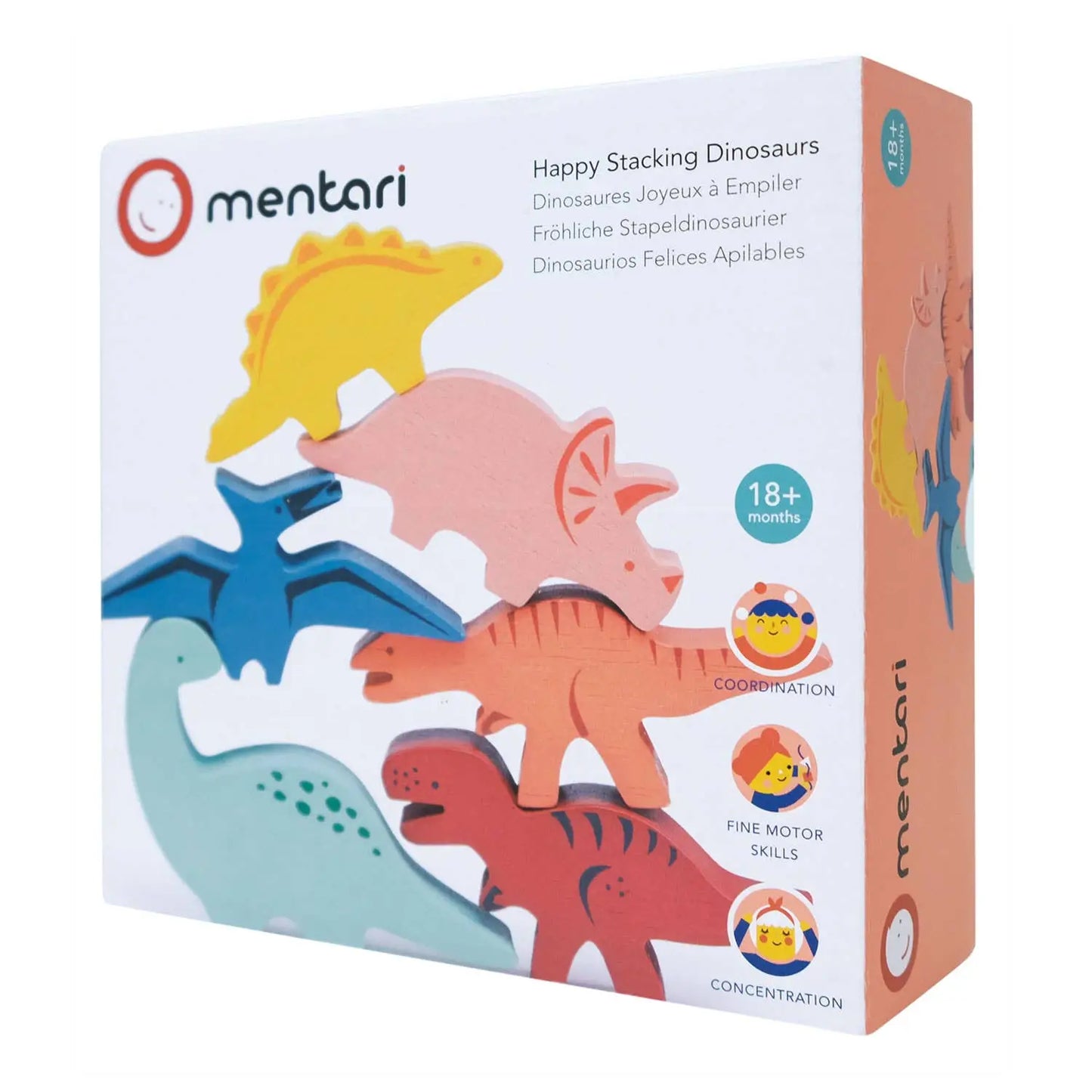 Box of mentari Happy Stacking Dinosaurs toy set on a white background