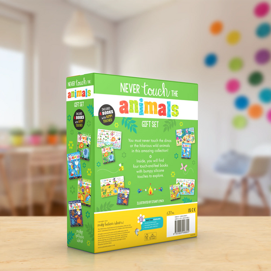 Gift set packaging for 'Never Touch the Animals' on a wooden surface with a colourful wall in the background.