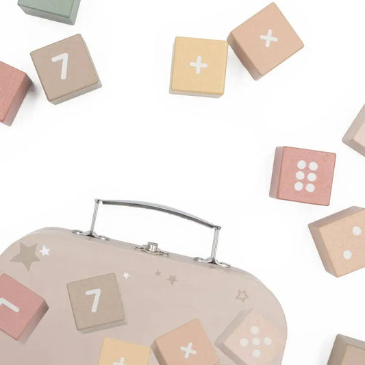 Set of pastel-coloured mathematical symbol blocks with a carrying case on a white background