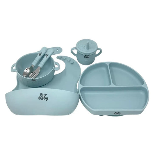 Complete 6 Piece Silicone Baby Feeding Set including plate, bowl, sippy cup, bib, spoon, and fork