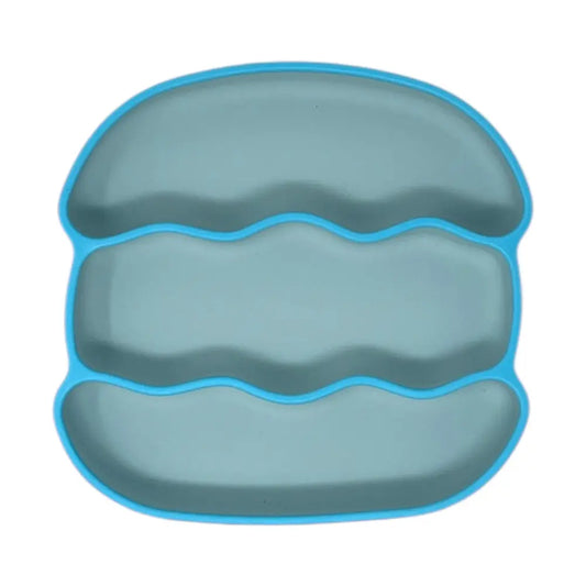 blue silicone plate for babies shaped like a hamburger