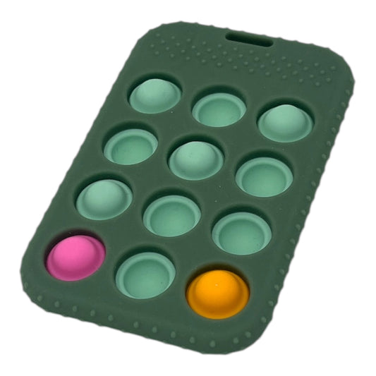 Green silicone pop-it fidget toy with colourful buttons on a white background
