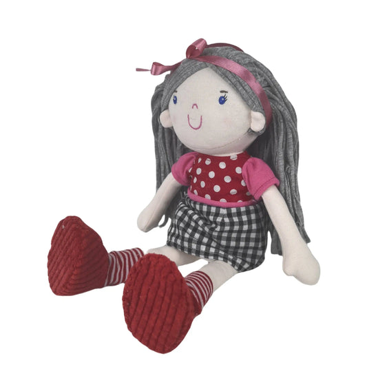 Plush doll with grey hair, red shoes, and a checkered skirt on a white background