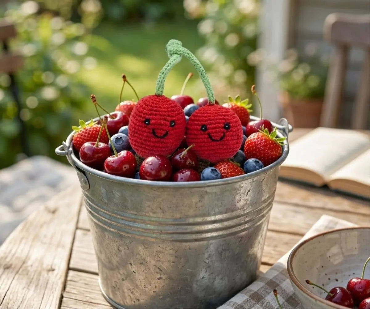 A metal bucket filled with red cherries, strawberries, and blueberries, topped with two smiling crocheted red cherry figures with green stems, set on a wooden table outdoors with a blurred garden background.
