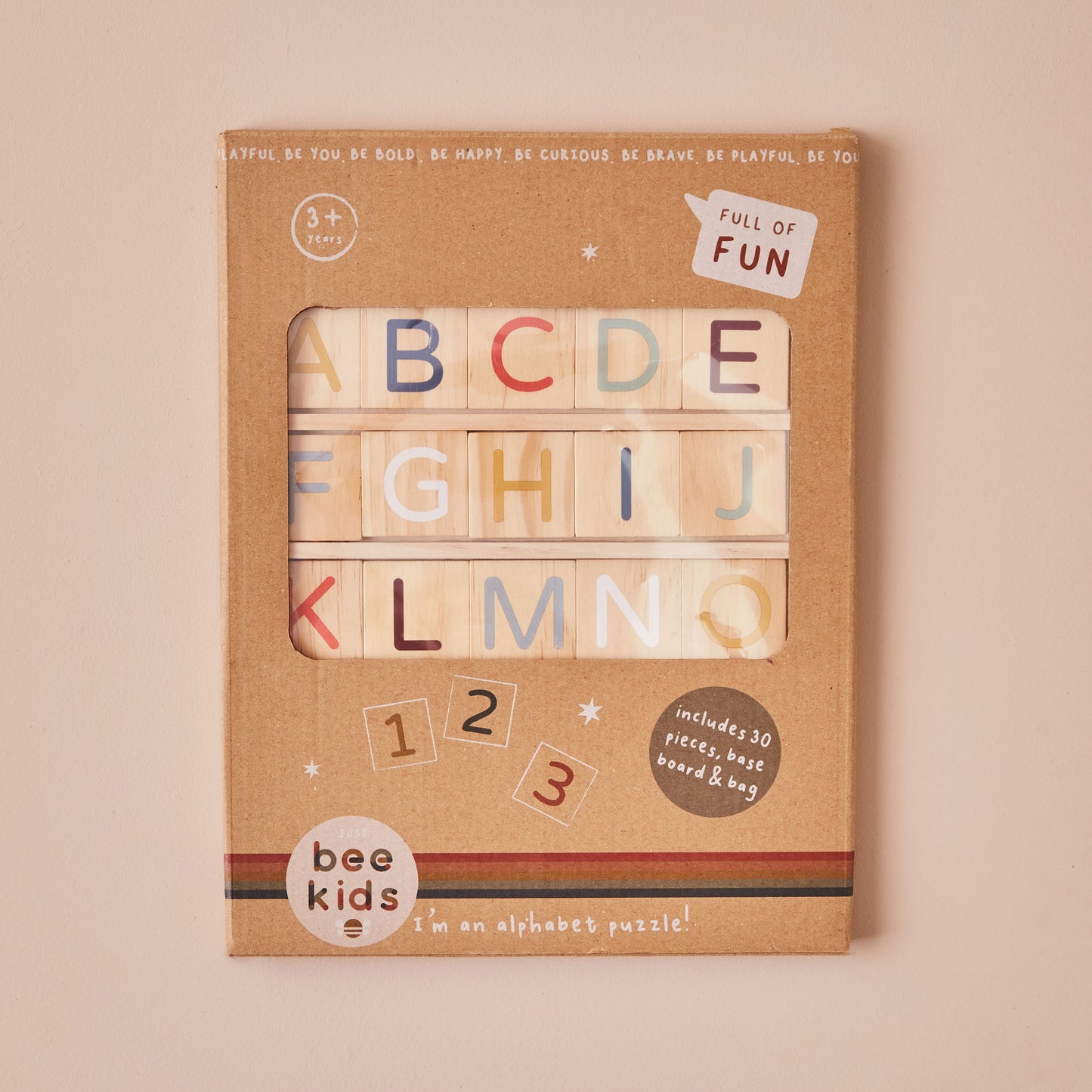 Beige packaging of a children's alphabet puzzle with letter and number blocks.