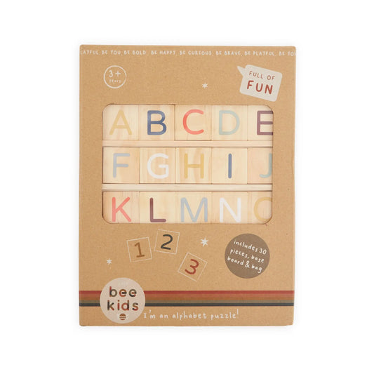 Alphabet puzzle packaging on a white background