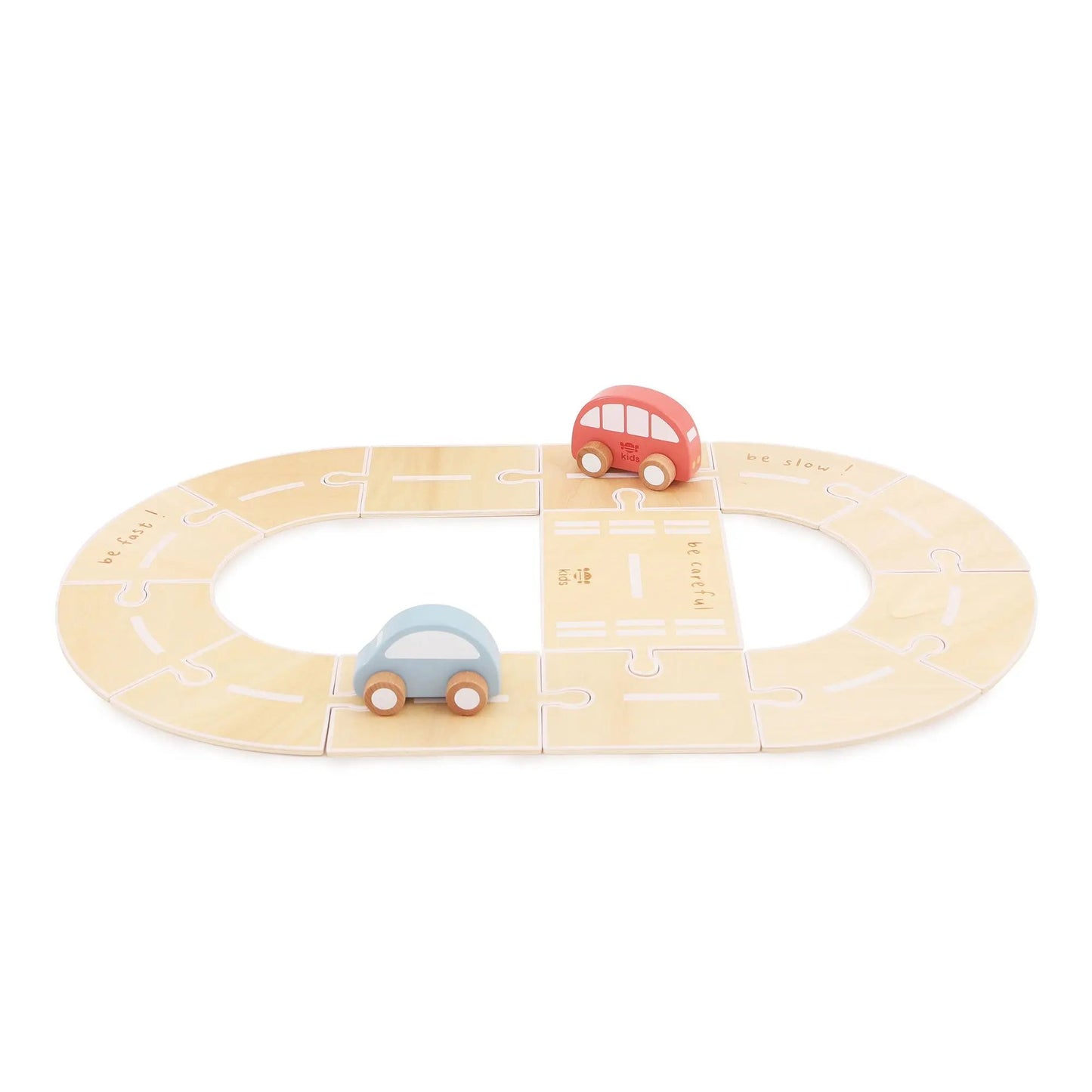 Wooden toy track with two cars on a white background