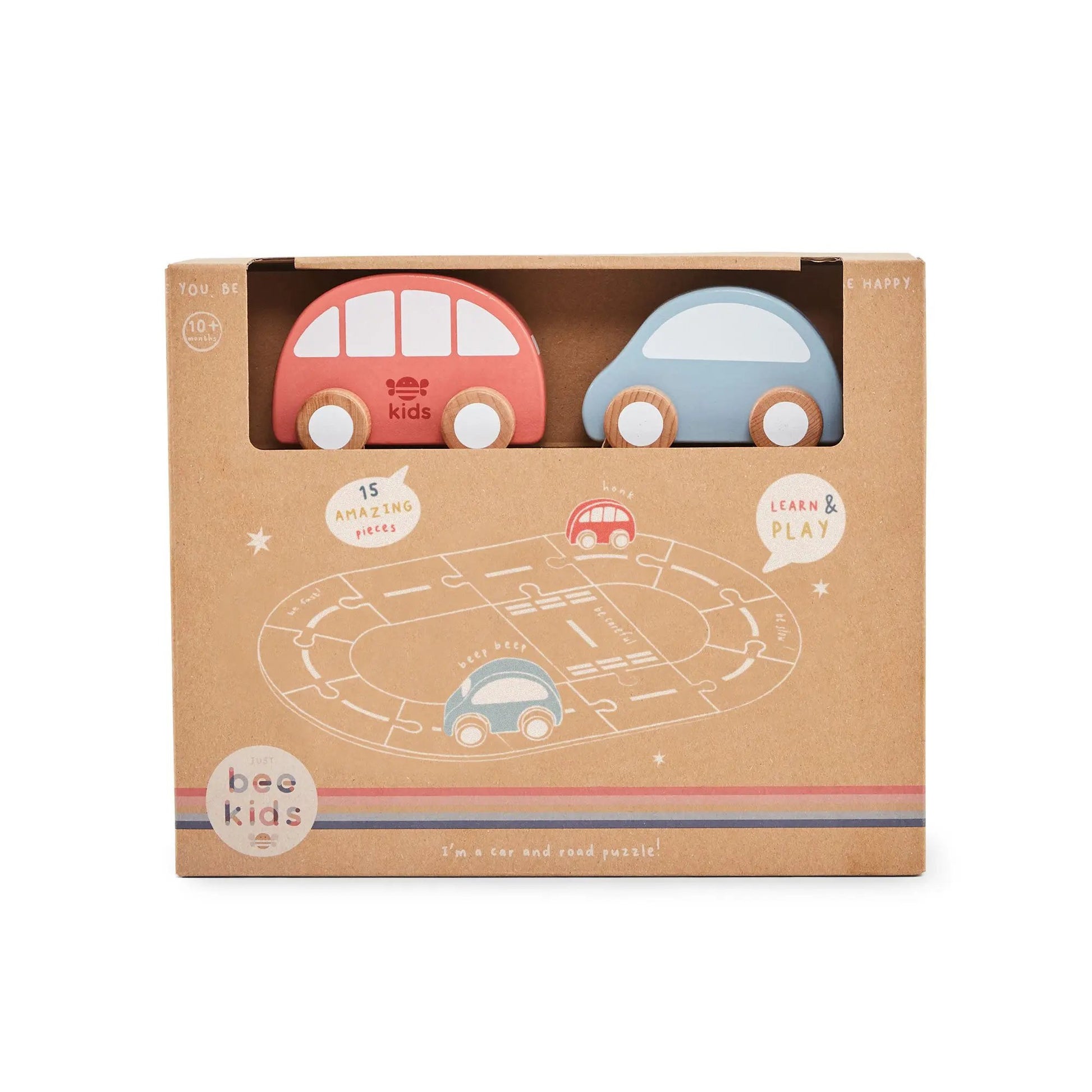 Boxed set of two toy cars with a track illustration on a white background